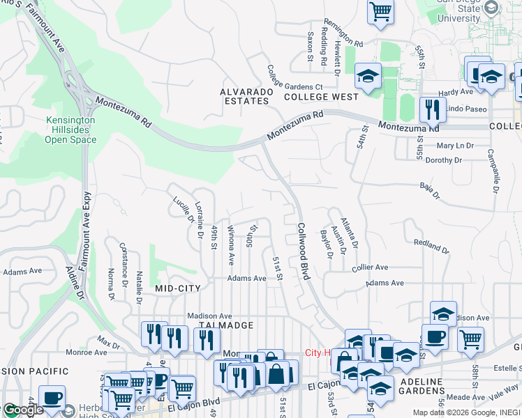 map of restaurants, bars, coffee shops, grocery stores, and more near 5026 Dick Street in San Diego
