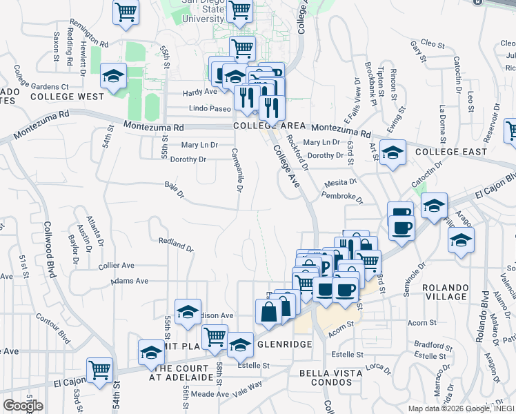 map of restaurants, bars, coffee shops, grocery stores, and more near 5867 Baja Drive in San Diego