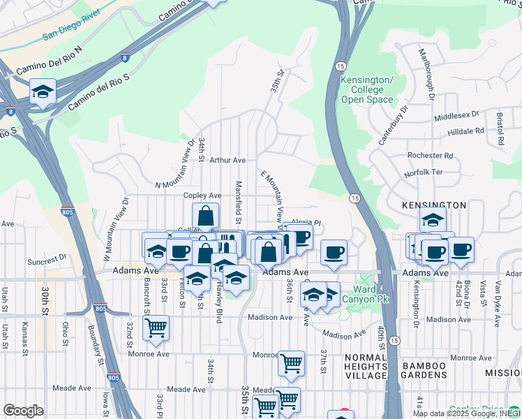map of restaurants, bars, coffee shops, grocery stores, and more near 4827 35th Street in San Diego