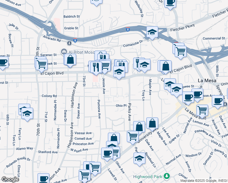 map of restaurants, bars, coffee shops, grocery stores, and more near 4800 Williamsburg Lane in La Mesa