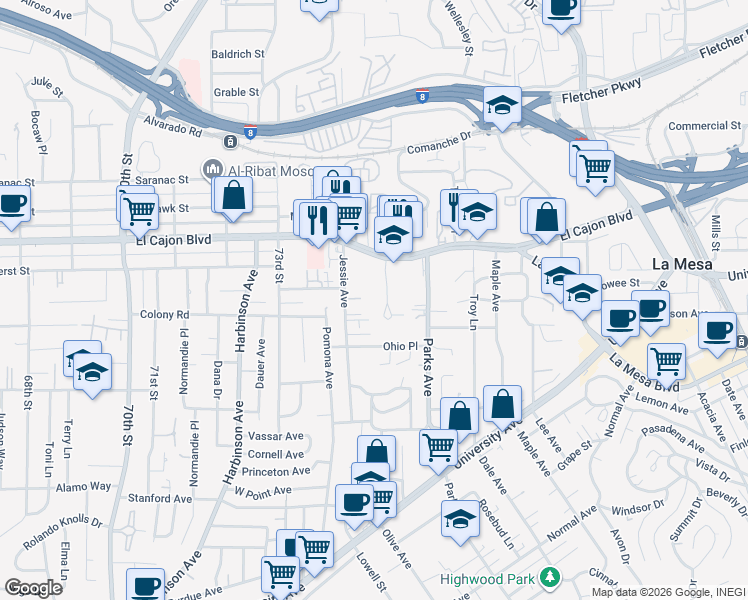 map of restaurants, bars, coffee shops, grocery stores, and more near 4800 Williamsburg Lane in La Mesa