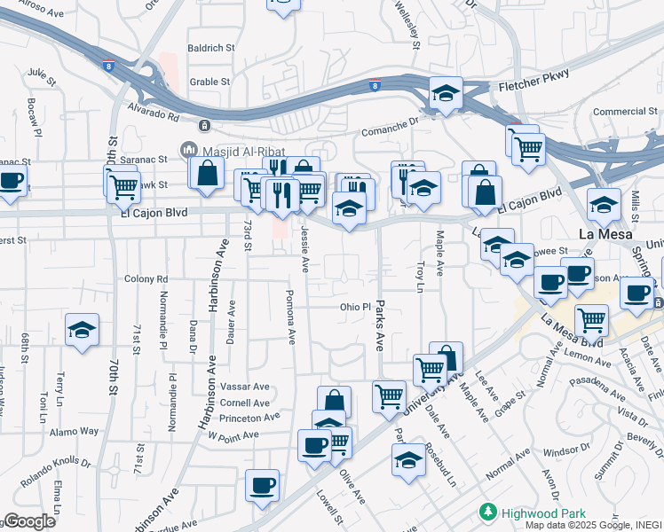 map of restaurants, bars, coffee shops, grocery stores, and more near in La Mesa