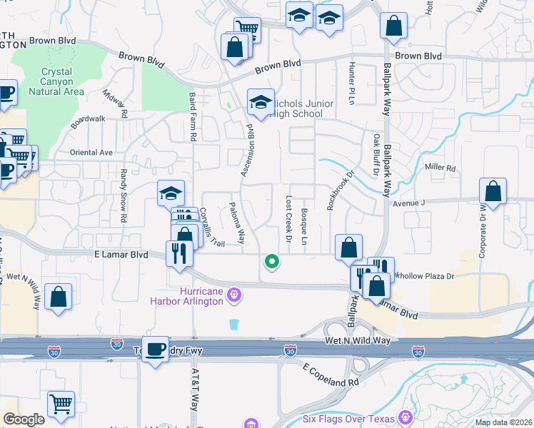 map of restaurants, bars, coffee shops, grocery stores, and more near 1900 Palencia Court in Arlington