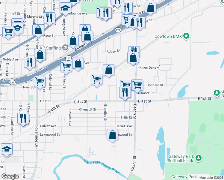 map of restaurants, bars, coffee shops, grocery stores, and more near 121 Cottonwood Street in Fort Worth