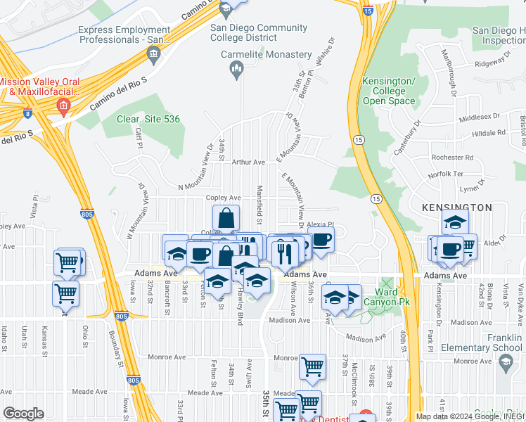 map of restaurants, bars, coffee shops, grocery stores, and more near 4857 Mansfield Street in San Diego