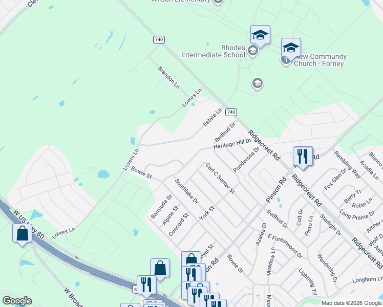 map of restaurants, bars, coffee shops, grocery stores, and more near 522 Dogwood Trail in Forney
