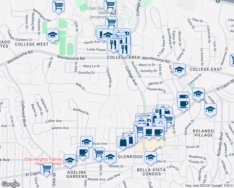 map of restaurants, bars, coffee shops, grocery stores, and more near 5867 Baja Drive in San Diego