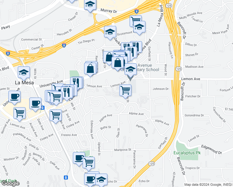 map of restaurants, bars, coffee shops, grocery stores, and more near 8671 Lemon Avenue in La Mesa
