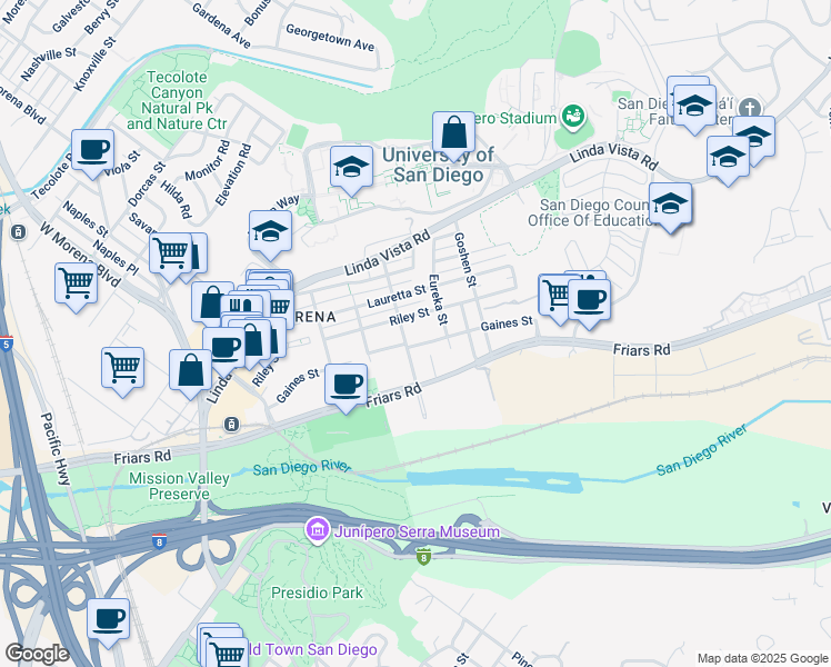 map of restaurants, bars, coffee shops, grocery stores, and more near 5720 Gaines Street in San Diego