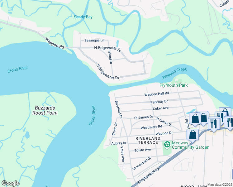 map of restaurants, bars, coffee shops, grocery stores, and more near 95 Riverland Drive in Charleston