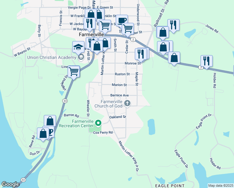map of restaurants, bars, coffee shops, grocery stores, and more near 801-809 Angle St in Farmerville