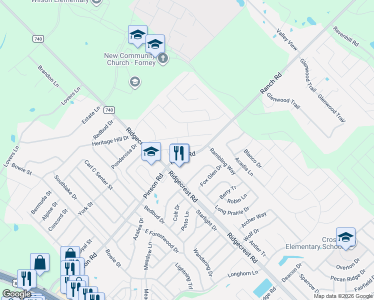 map of restaurants, bars, coffee shops, grocery stores, and more near 205 Patriot Parkway in Forney