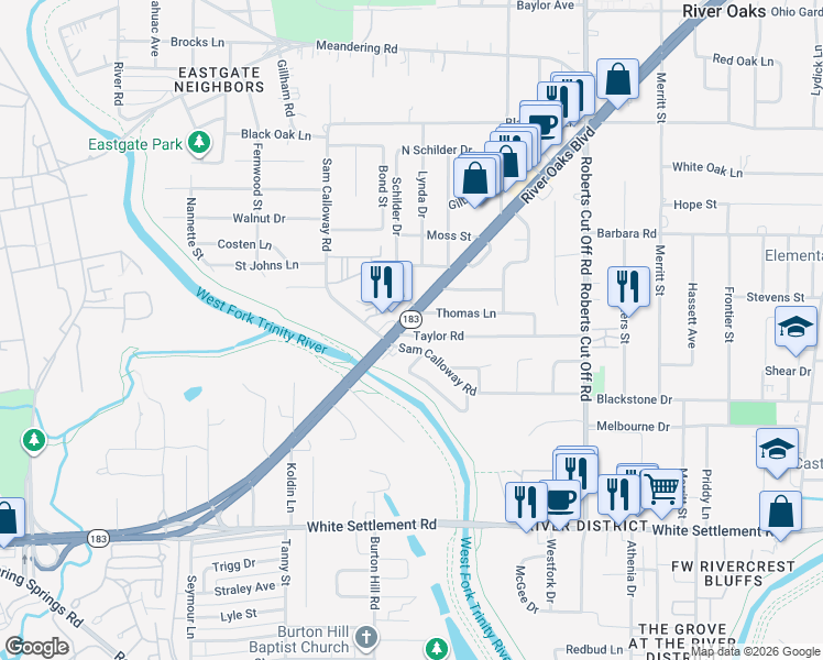 map of restaurants, bars, coffee shops, grocery stores, and more near 5698 Sam Calloway Road in River Oaks
