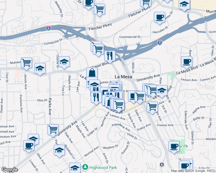 map of restaurants, bars, coffee shops, grocery stores, and more near 8012 University Avenue in La Mesa