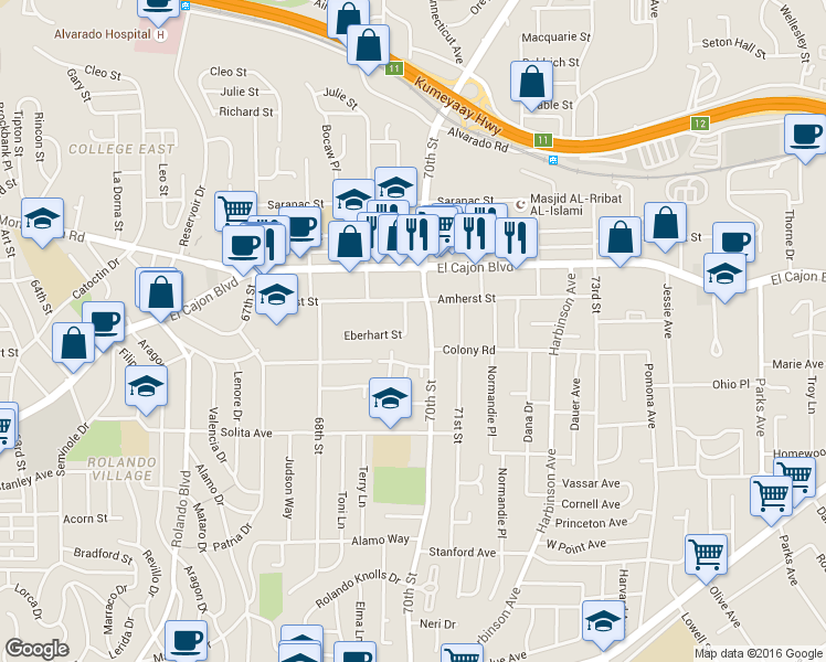 map of restaurants, bars, coffee shops, grocery stores, and more near 6959 Eberhart Street in San Diego