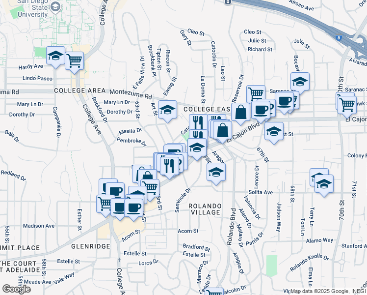 map of restaurants, bars, coffee shops, grocery stores, and more near 6456 El Cajon Boulevard in San Diego