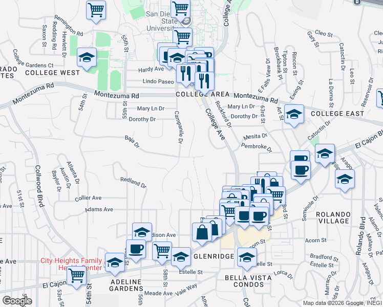 map of restaurants, bars, coffee shops, grocery stores, and more near 5867 Baja Drive in San Diego