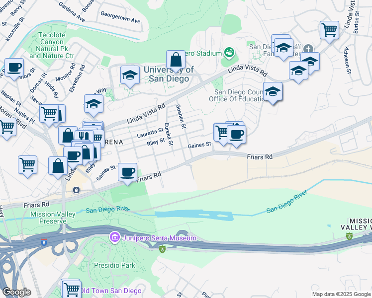 map of restaurants, bars, coffee shops, grocery stores, and more near 1058 Fresno Street in San Diego