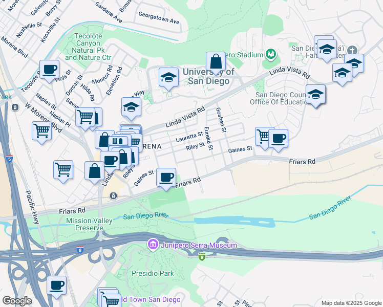 map of restaurants, bars, coffee shops, grocery stores, and more near 5663 Gaines Street in San Diego
