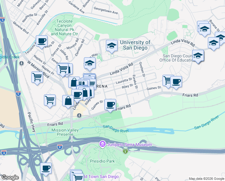 map of restaurants, bars, coffee shops, grocery stores, and more near 5604 Gaines Street in San Diego