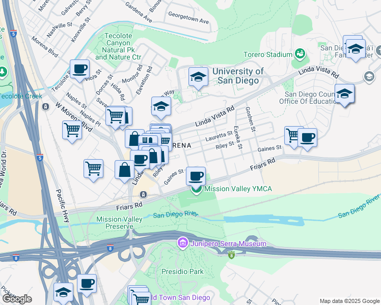 map of restaurants, bars, coffee shops, grocery stores, and more near 1136 Azusa Street in San Diego