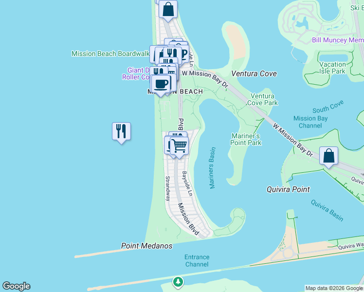 map of restaurants, bars, coffee shops, grocery stores, and more near 2921 Bayside Lane in San Diego