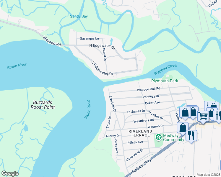 map of restaurants, bars, coffee shops, grocery stores, and more near 95 Riverland Drive in Charleston