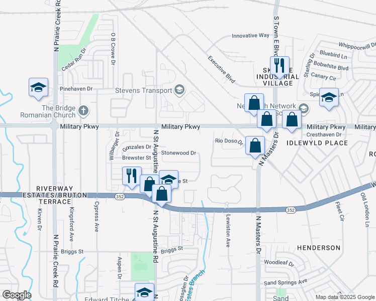 map of restaurants, bars, coffee shops, grocery stores, and more near 9723 Valley Mills Lane in Dallas