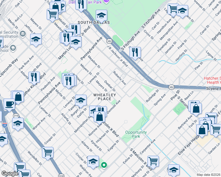 map of restaurants, bars, coffee shops, grocery stores, and more near 3719 Dunbar Street in Dallas
