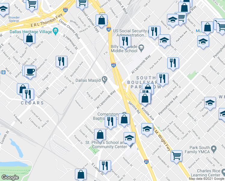 map of restaurants, bars, coffee shops, grocery stores, and more near 1911 Grand Ave in Dallas