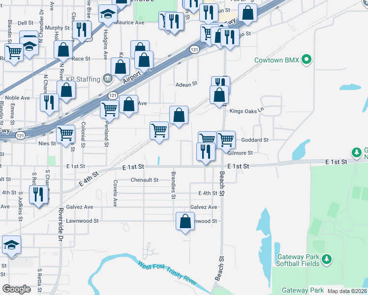 map of restaurants, bars, coffee shops, grocery stores, and more near 121 Cottonwood Street in Fort Worth