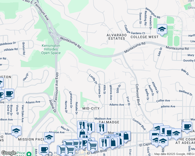 map of restaurants, bars, coffee shops, grocery stores, and more near 4866 Lorraine Drive in San Diego