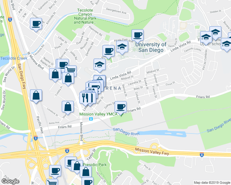 map of restaurants, bars, coffee shops, grocery stores, and more near 1209 Azusa Street in San Diego