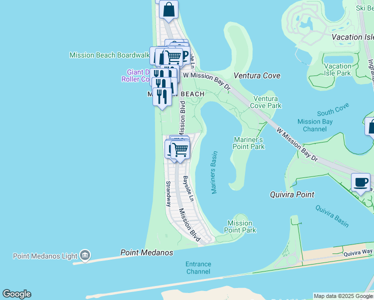 map of restaurants, bars, coffee shops, grocery stores, and more near 2921 Bayside Lane in San Diego