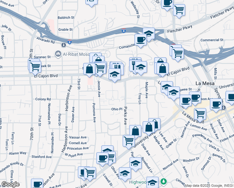 map of restaurants, bars, coffee shops, grocery stores, and more near 4847 Williamsburg Lane in La Mesa