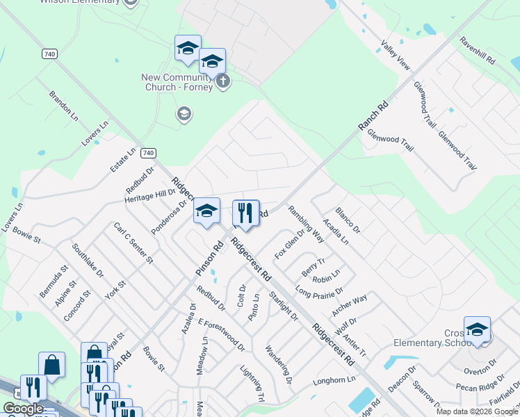 map of restaurants, bars, coffee shops, grocery stores, and more near 205 Patriot Parkway in Forney
