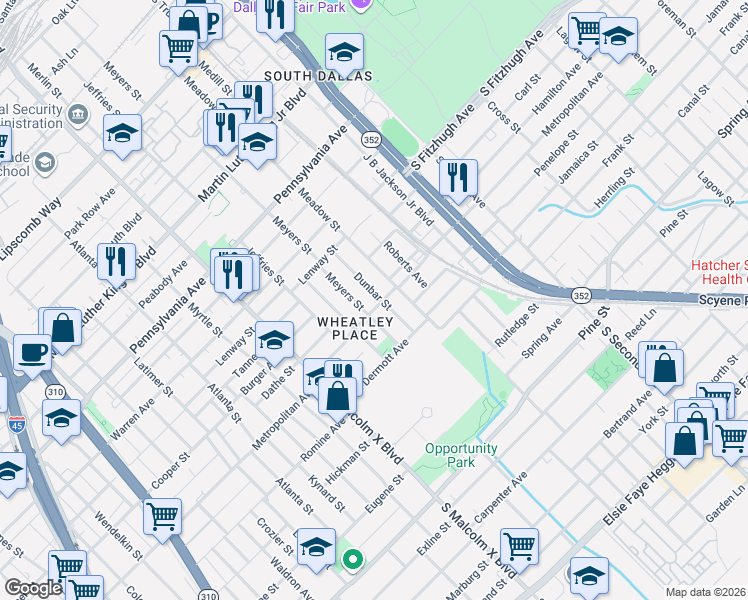 map of restaurants, bars, coffee shops, grocery stores, and more near 3719 Dunbar Street in Dallas