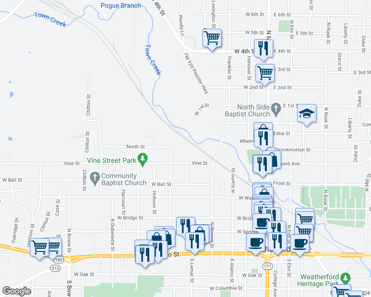 map of restaurants, bars, coffee shops, grocery stores, and more near 606 Bryan Street in Weatherford