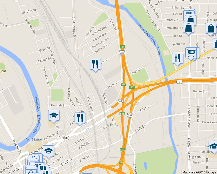 map of restaurants, bars, coffee shops, grocery stores, and more near Pharr Street in Fort Worth