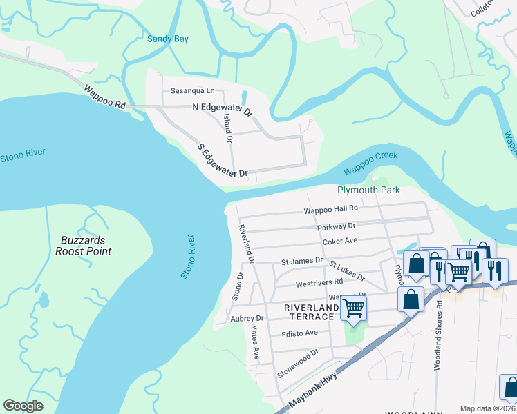 map of restaurants, bars, coffee shops, grocery stores, and more near 2181 Wappoo Hall Road in Charleston