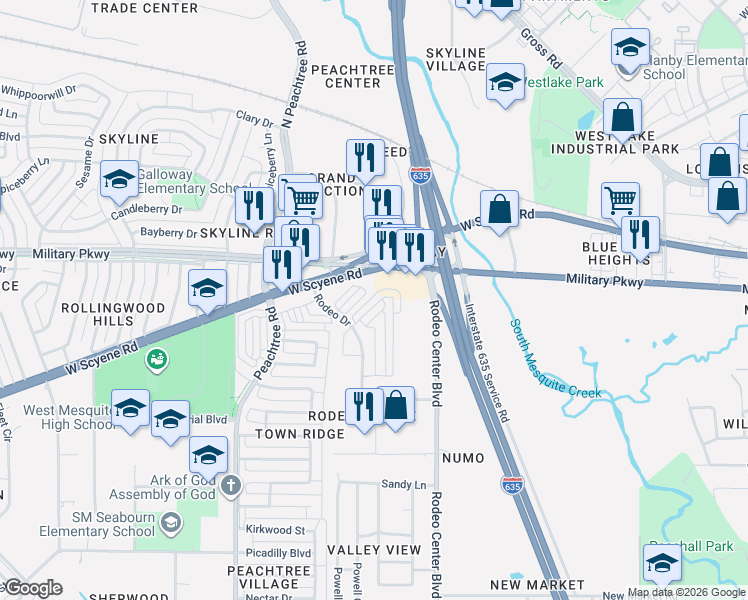 map of restaurants, bars, coffee shops, grocery stores, and more near 2128 Crooked Bow Drive in Mesquite
