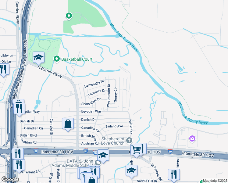 map of restaurants, bars, coffee shops, grocery stores, and more near 1729 Esquire Place in Grand Prairie