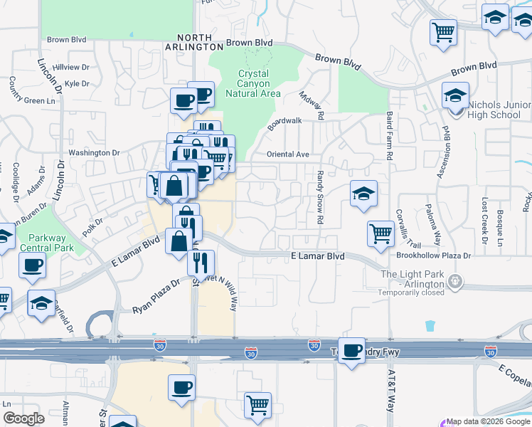 map of restaurants, bars, coffee shops, grocery stores, and more near 2100 Rainbow Drive in Arlington