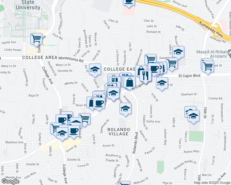map of restaurants, bars, coffee shops, grocery stores, and more near 6502 El Cajon Boulevard in San Diego