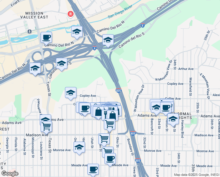 map of restaurants, bars, coffee shops, grocery stores, and more near 2942 Copley Avenue in San Diego