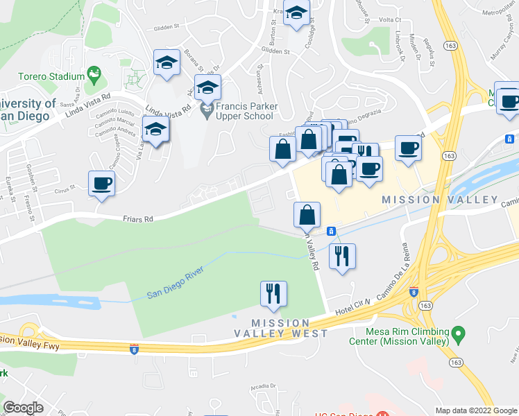 map of restaurants, bars, coffee shops, grocery stores, and more near 6747 Friars Road in San Diego