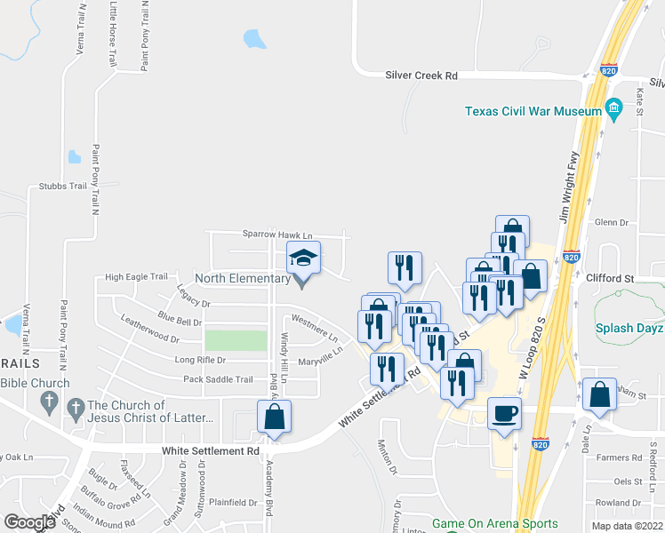 map of restaurants, bars, coffee shops, grocery stores, and more near 9816 Osprey Drive in Fort Worth