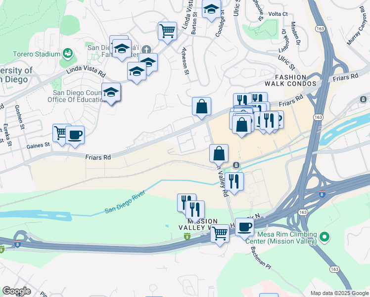 map of restaurants, bars, coffee shops, grocery stores, and more near 6737 Friars Road in San Diego