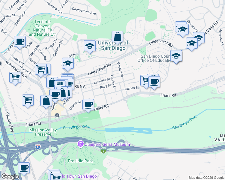 map of restaurants, bars, coffee shops, grocery stores, and more near 5757 Gaines Street in San Diego
