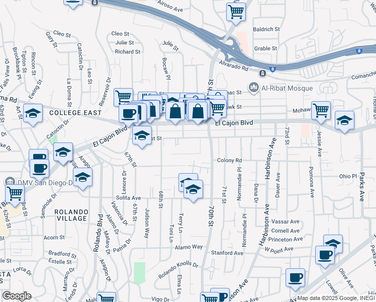 map of restaurants, bars, coffee shops, grocery stores, and more near 6850 Rosefield Drive in San Diego